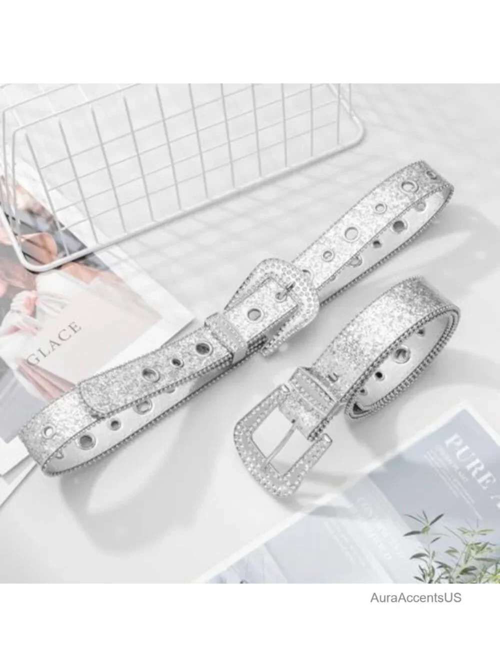 Rhinestone Sequin Buckle Statement Belt for Women Y2K Bling